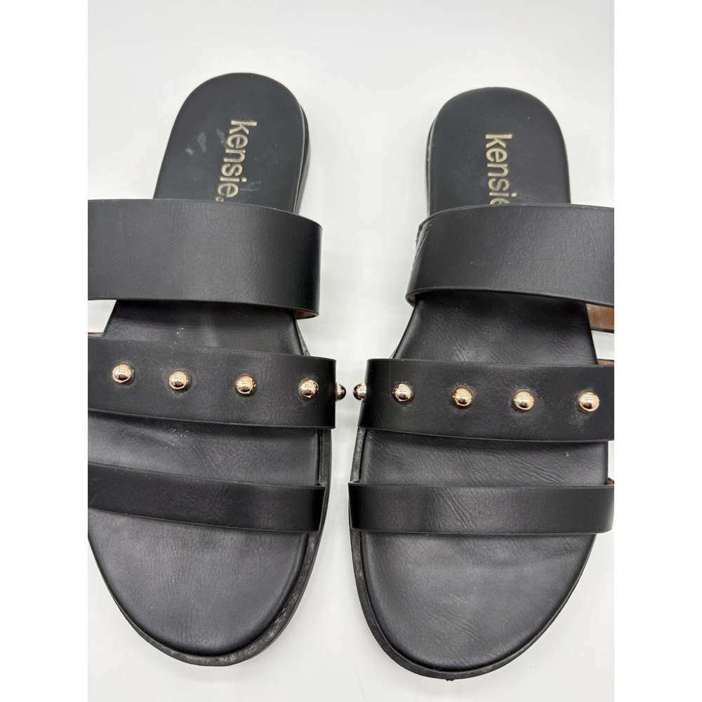 Kensie Women's Black Gold‎ Tone Studded Flat Sandals, 7.5